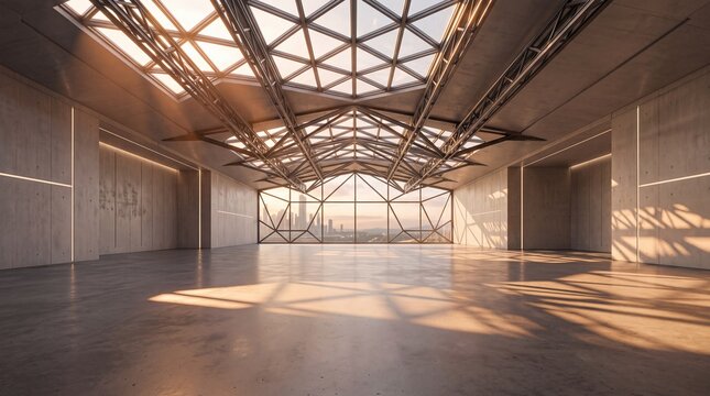 Modern Empty Showroom Interior with Geometric Glass Skylight