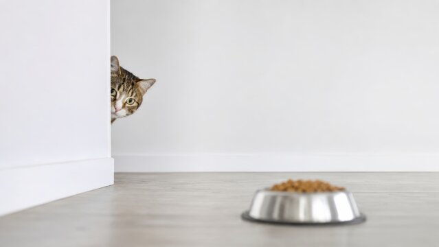 curious tabby cat peeking around a white wall corner at a metal bowl of dry kibble on a wooden floor