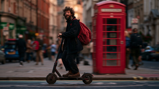 Man Riding Electric Scooter on London Street