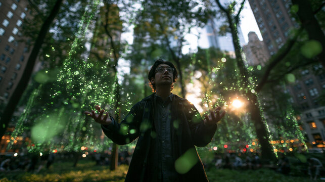 Man Experiencing Glowing Green Digital Particles in Urban Park