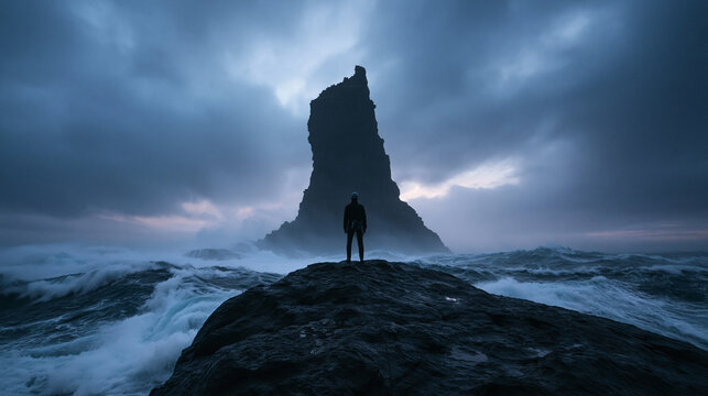 Dramatic Coastal Landscape with Monolithic Sea Stack and Stormy Ocean