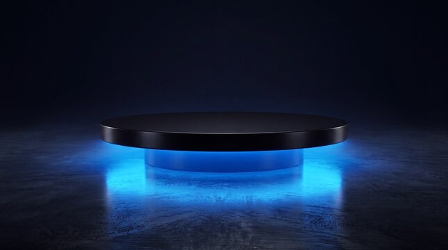 Futuristic Black Podium with Blue Neon Light for Product Display