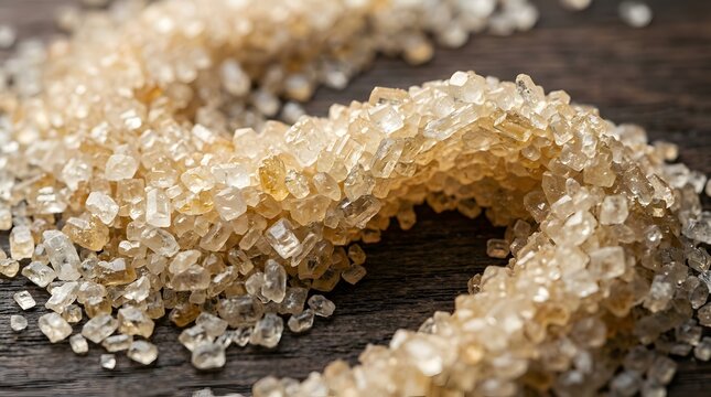 Macro close-up of natural raw brown sugar crystals on dark wooden texture background