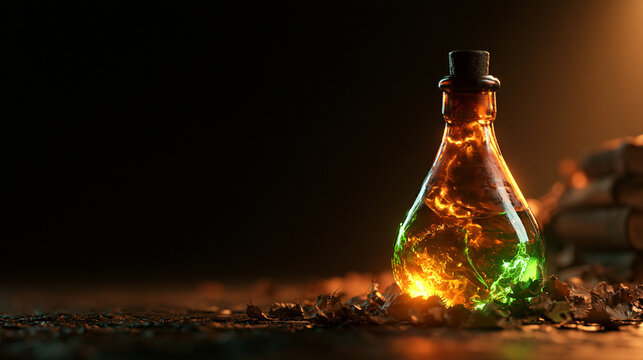 Glowing Magic Potion Bottle in Dark Fantasy Environment