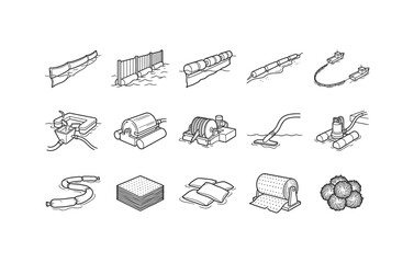 Oil spill containment boom skimmer sorbent pad and marine pollution cleanup line icon set vector © fahid