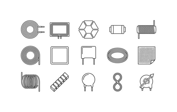 Inductor magnetic coil choke ferrite bead and wireless charging coil line icon set vector