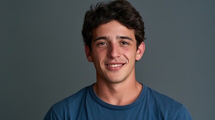 Obraz premium Close-up portrait of a smiling young man in a blue t-shirt against a gray studio backdrop