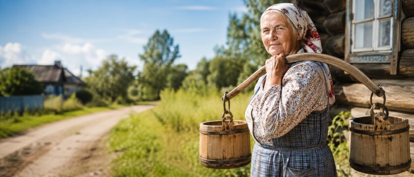Elderly woman with traditional wooden yoke carrying water buckets in a lush garden with a rustic house in the banner format