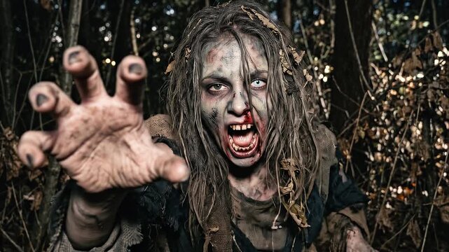 Close-up portrait of a terrifying female zombie reaching toward the camera in a dark forest, with pale eyes, decayed skin and gruesome Halloween horror makeup.