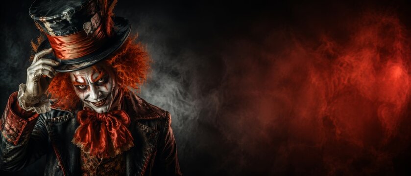 Creepy jester with a sinister smile and fiery red hair, wearing a top hat and ruffled bow tie, against a smoky, dark background with red banner format