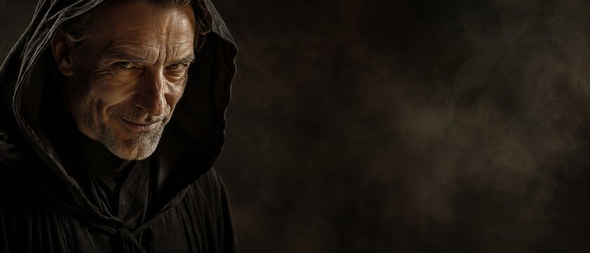 Mysterious man with a knowing gaze in a hooded cloak against a dark, smoky banner format