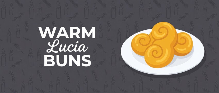 Swedish Saffron Lucia Buns Plate graphic vector illustration banner for St. Lucia Day holiday food celebration on dark candle background for winter bakery promotion and Scandinavian tradition
