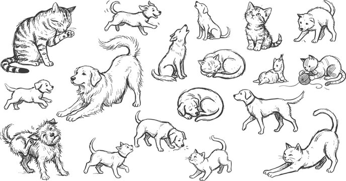 Cute domestic pets hand drawn vector sketch set featuring playful puppies running dogs fluffy kittens sleeping cats stretching feline scratching puppy and playing kitty yarn