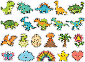 Colorful cartoon dinosaurs prehistoric animals and nature elements stickers with transparent background © SHAMOLY