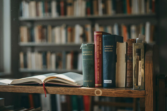 A row of vintage hardcover books standing on a wooden shelf with an open book lying flat in a library setting with blurred bookshelves behind
