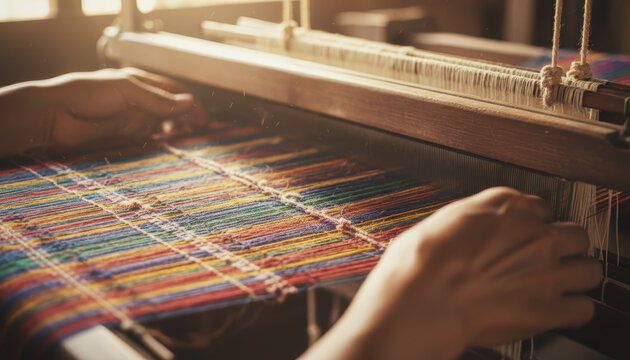 Hand weaving loom textile colorful thread artisan craft traditional fabric handmade skillful technique create vibrant detailed textile in warm creative atmosphere