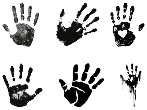 Five black handprints with different finger poses on plain background