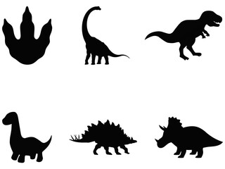 Black silhouette illustrations of various dinosaurs and a volcano © Sufia