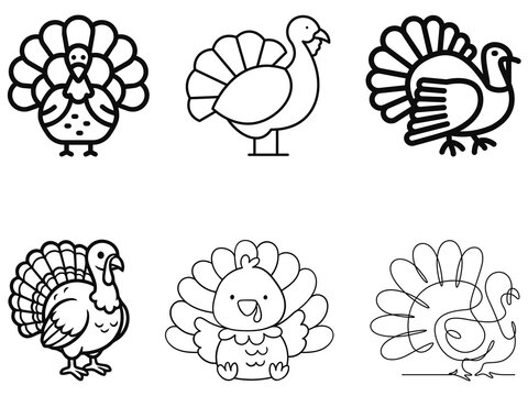 Set of six cartoon turkey vector icons in various poses
