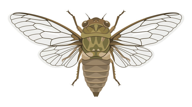 Cicada insect vector illustration showing detailed external anatomy and transparent wings.