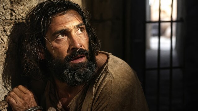 A man locked in a dungeon, a prisoner in tattered clothes, locked in a dark, confined space, looks on with a worried expression on his face.