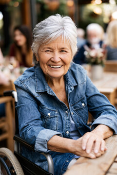 Cheerful elderly woman with grey hair in wheelchair smiling genuinely at camera at outdoor cafe