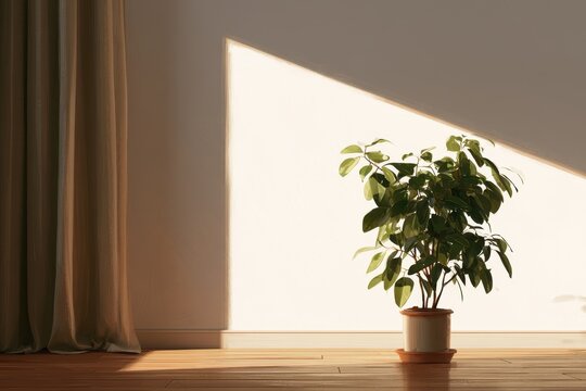 Contemporary room vignette: white wall, soft brown curtain, lush plant, natural wood floor