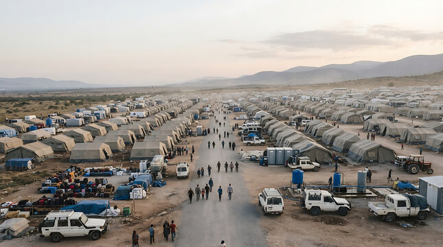 Aerial view of a sprawling refugee camp with humanitarian aid tents and displaced people