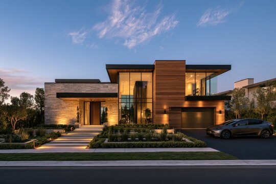 Contemporary two-story residence with stone and wood accents and expansive glass walls