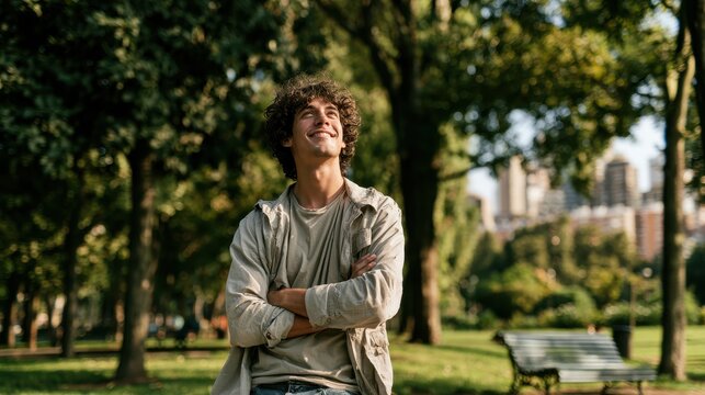 Copy-space image of a relaxed man in a city park gazing at the sky