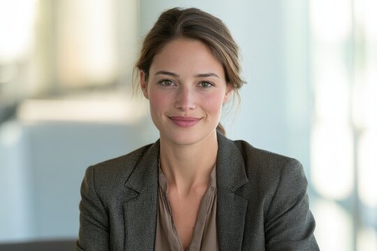 Corporate portrait of a friendly young woman looking at the camera in natural light office