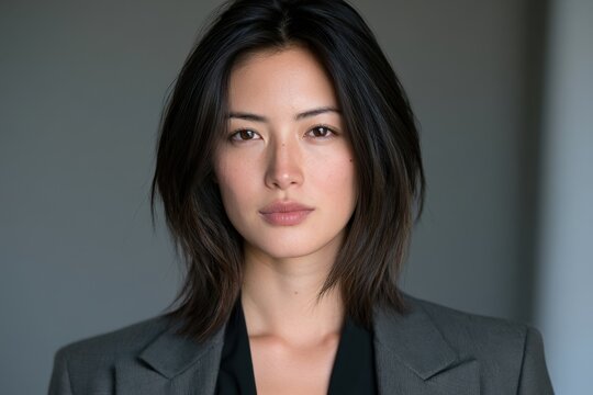 Corporate headshot featuring an Asian woman with a friendly gaze, minimalist neutral background