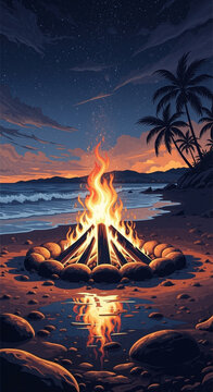 Blazing beach campfire surrounded by stones burning on a tropical ocean shore at dusk with palm trees and fire reflections in wet sand
