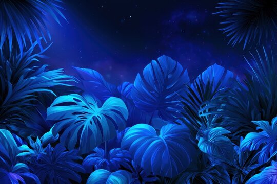 Cosmic blue foliage: tropical greenery in a midnight sky