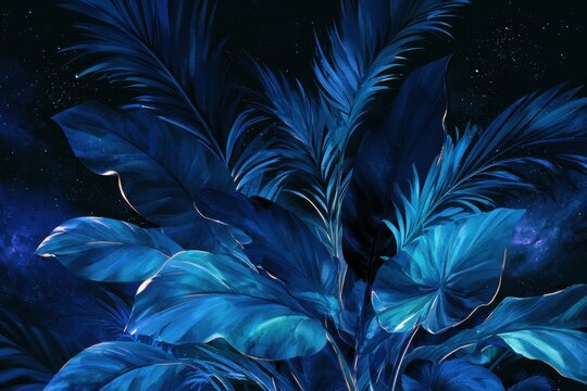 Cosmic botanical art: blue foliage collection against a deep space backdrop