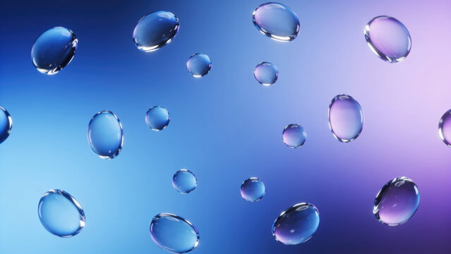 Floating water droplet blue background abstract 3D rendering shiny transparent liquid reflection clean futuristic calm digital art smooth gradient modern creative