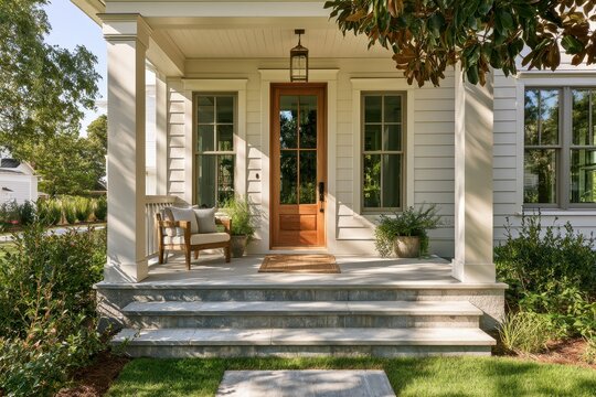 Covered porch and front entry of a brand-new home bathed in warm natural light