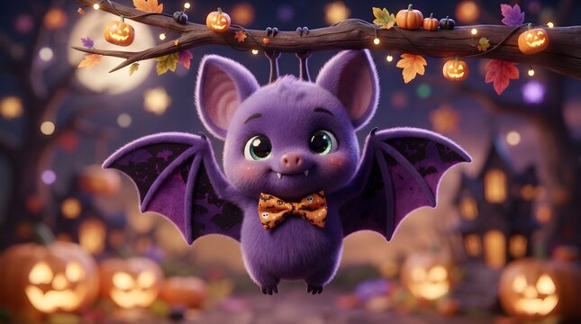 Cute purple vampire bat wearing a bow tie hanging from a branch at Halloween night.