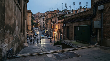 Fototapeta premium Cobblestone street in Rome at dusk with streetlights illuminating the pathway and people walking