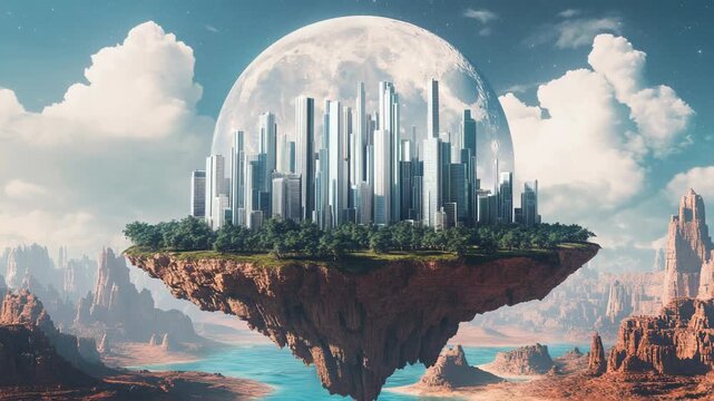 Dreamlike floating metropolis on rocky island hovers above clouds with enormous moon and luminous skyline suggesting advanced civilization future travel paradise cinematic fantasy world exploration