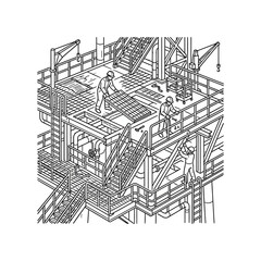 Fototapeta premium Industrial workers perform structural maintenance and floor grating installation on an offshore platform.