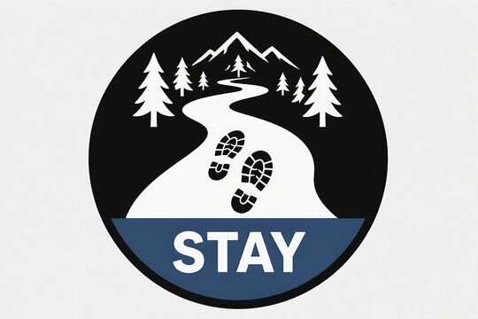 A circular logo featuring footprints on a winding path through pine trees, with the word STAY below it, set against a white and black background.