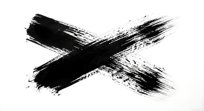 Black ink cross mark painted on white background with rough brush strokes symbolizing negation