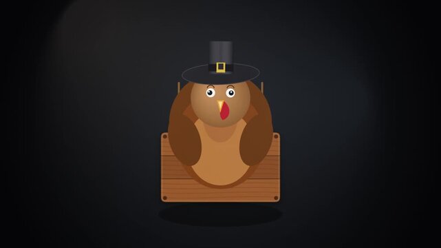 3D cartoon turkey holding blank wooden sign perfect for thanksgiving promos & custom text overlays 4k loop motion