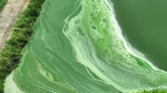Aerial perspective captures green industrial effluent with swirling layers on the surface, representing water contamination, ecological risks, pollution reduction and sustainable industrial practices.