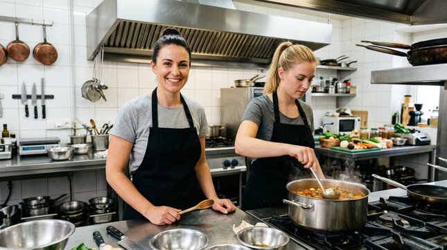 Two Professional Female Chefs Cooking and Smiling in Commercial Restaurant Kitchen