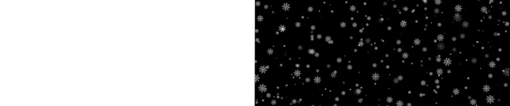Falling white snowflakes pattern isolated on transparent background, winter snowfall overlay banner