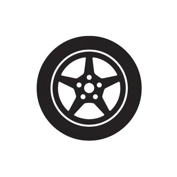 Car tire and alloy rim icon vector illustration for vehicle wheel, automotive rubber tire, sports rim replacement, and tire alignment service isolated on white background.