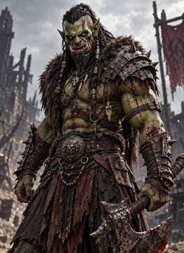 Brutal Orc Warrior with Battle Axe in Dark Fantasy Battlefield