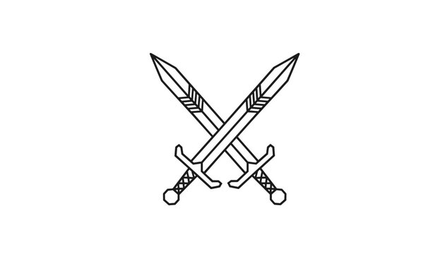 Two medieval crossed swords drawn in simple black outline vector art style representing battle, war, or combat on white background.